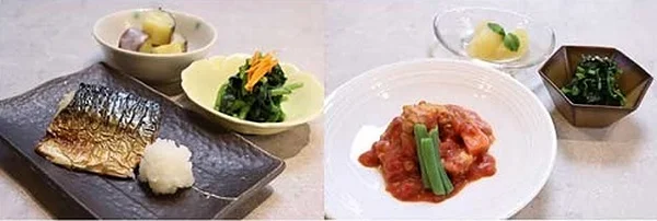 献立例：（左）さばの塩焼き　（右）チキンのトマト煮