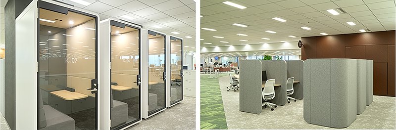社員の声に応えて新設したフォンブース(左)とマルチタスクが快適に行える集中ブース(右)