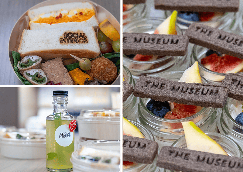 「SOCIAL INTERIOR」や「THE MUSEUM」のロゴをあしらった飲食物