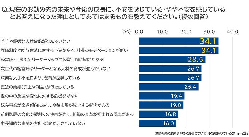 現在のお勤め先の未来や今後の成長に、不安を感じている・やや不安を感じているとお答えになった理由として、当てはまるものを教えてください（複数回答）